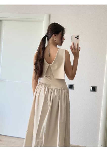 Krep Arkası Kanat Arka Ön Pens Detaylı Uzun Kadın Elbise - Bej fırsatları