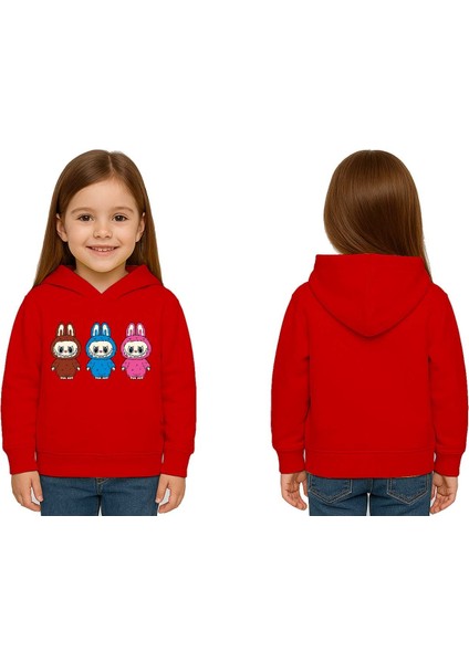 Unisex Baskılı Çocuk Swaetshirt Labubu Baskılı Kapüşonlu 3 Iplik Şardonlu