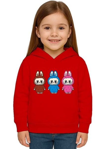 Unisex Baskılı Çocuk Swaetshirt Labubu Baskılı Kapüşonlu 3 Iplik Şardonlu modelleri