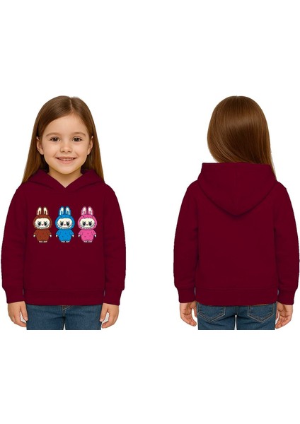 Unisex Baskılı Çocuk Swaetshirt Labubu Baskılı Kapüşonlu 3 Iplik Şardonlu
