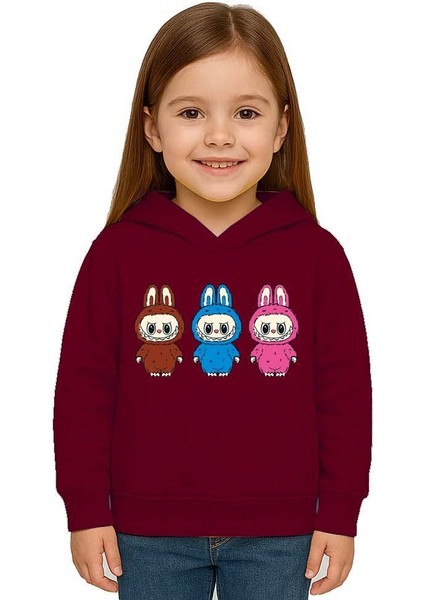 Unisex Baskılı Çocuk Swaetshirt Labubu Baskılı Kapüşonlu 3 Iplik Şardonlu modelleri
