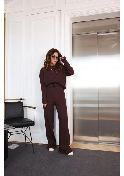 Kadın Fitilli Yüksek Bel Rahat Uzun Kollu Alt Üst Takım