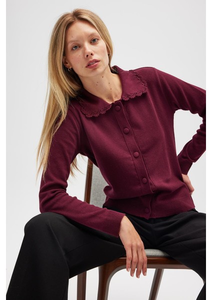 Laila, Düz Örgü, Polo Yaka, Kadın Triko Hırka - Bordo