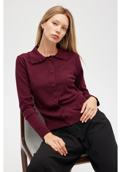 Laila, Düz Örgü, Polo Yaka, Kadın Triko Hırka - Bordo fiyatları
