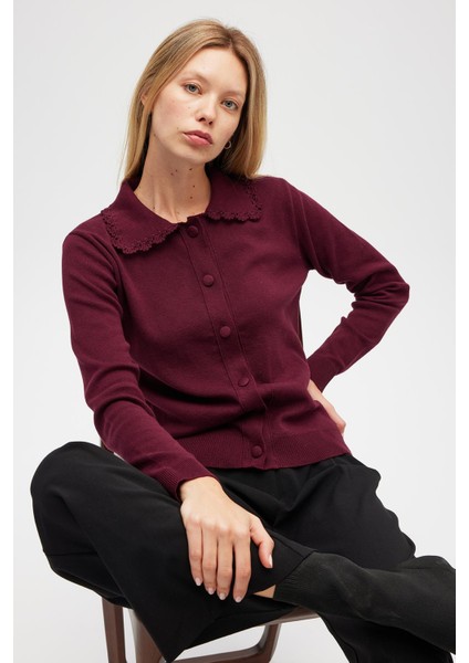 Laila, Düz Örgü, Polo Yaka, Kadın Triko Hırka - Bordo fırsatları