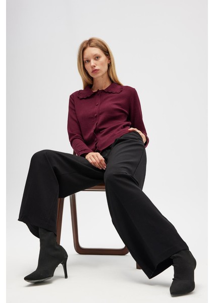 Laila, Düz Örgü, Polo Yaka, Kadın Triko Hırka - Bordo indirimleri