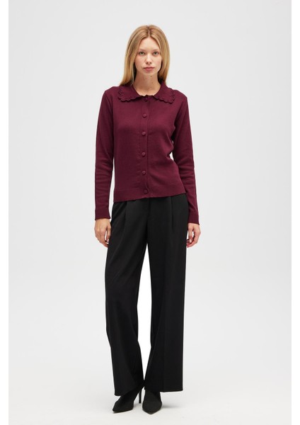 Laila, Düz Örgü, Polo Yaka, Kadın Triko Hırka - Bordo