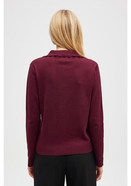 Laila, Düz Örgü, Polo Yaka, Kadın Triko Hırka - Bordo