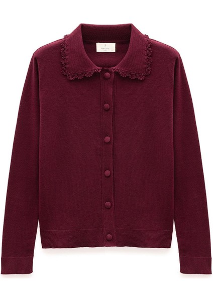 Laila, Düz Örgü, Polo Yaka, Kadın Triko Hırka - Bordo