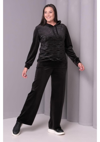 Kadın Büyük Beden Siyah, Kapüşonlu Taş Işli Kadife Eşofman Takım 65N39182