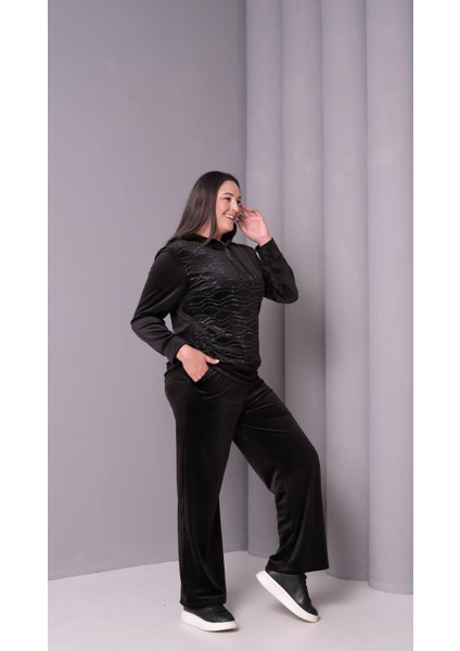 Kadın Büyük Beden Siyah, Kapüşonlu Taş Işli Kadife Eşofman Takım 65N39182 fiyatları