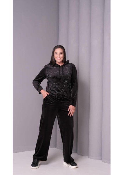 Kadın Büyük Beden Siyah, Kapüşonlu Taş Işli Kadife Eşofman Takım 65N39182 modelleri