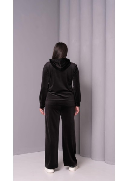 Kadın Büyük Beden Siyah, Kapüşonlu Taş Işli Kadife Eşofman Takım 65N39182 fırsatları