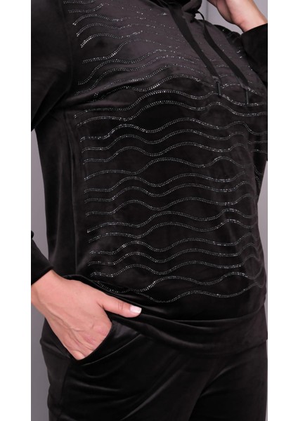 Kadın Büyük Beden Siyah, Kapüşonlu Taş Işli Kadife Eşofman Takım 65N39182 indirimleri