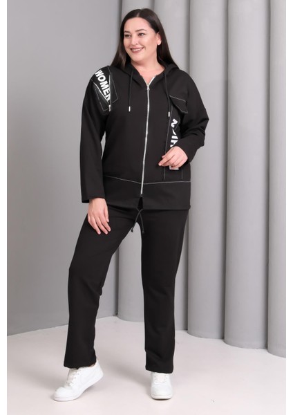Kadın Büyük Beden Siyah, Baskı Detaylı Kapüşonlu Eşofman Takım