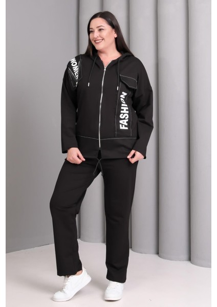 Kadın Büyük Beden Siyah, Baskı Detaylı Kapüşonlu Eşofman Takım fiyatları