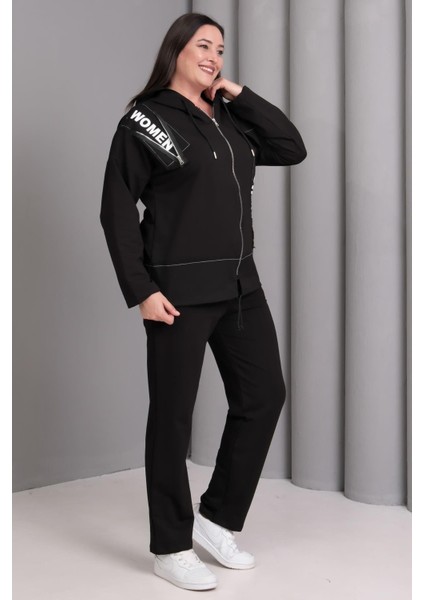 Kadın Büyük Beden Siyah, Baskı Detaylı Kapüşonlu Eşofman Takım fırsatları