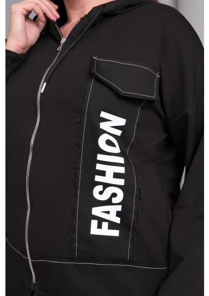 Kadın Büyük Beden Siyah, Baskı Detaylı Kapüşonlu Eşofman Takım