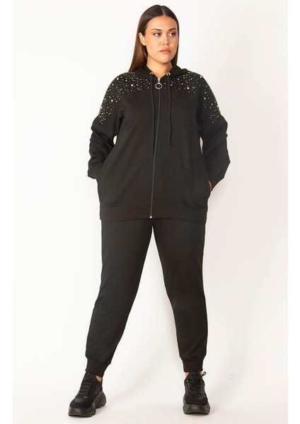 Kadın Siyah Ön Fermuarlı Taş Detaylı Kapşonlu Sweatshirt Pantolon Takım
