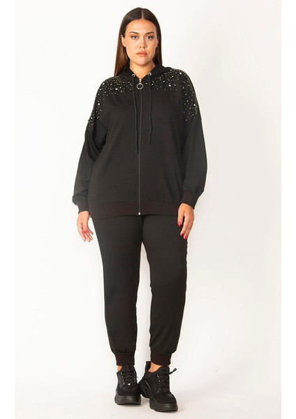 Kadın Siyah Ön Fermuarlı Taş Detaylı Kapşonlu Sweatshirt Pantolon Takım fiyatları