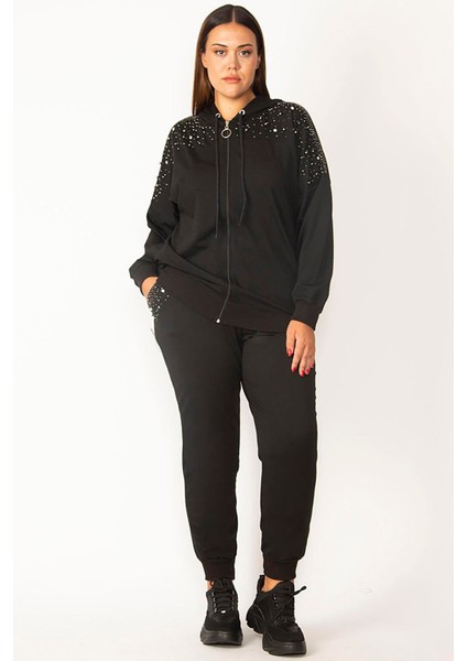 Kadın Siyah Ön Fermuarlı Taş Detaylı Kapşonlu Sweatshirt Pantolon Takım fırsatları