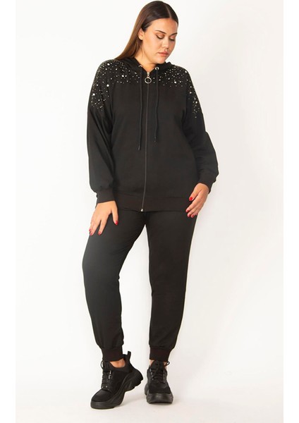 Kadın Siyah Ön Fermuarlı Taş Detaylı Kapşonlu Sweatshirt Pantolon Takım indirimleri