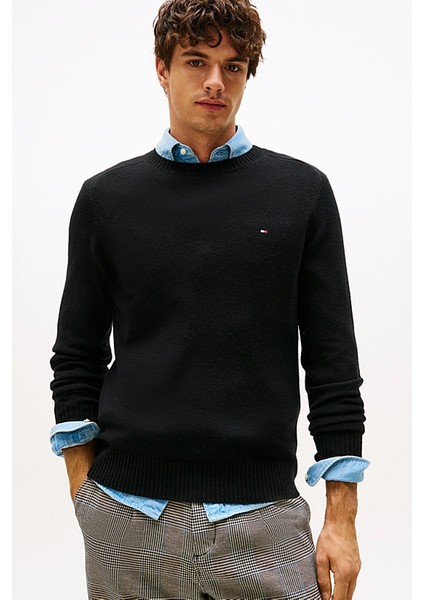 Erkek Regular Fit Kuzu Yünü Bisiklet Yaka Kazak - Siyah