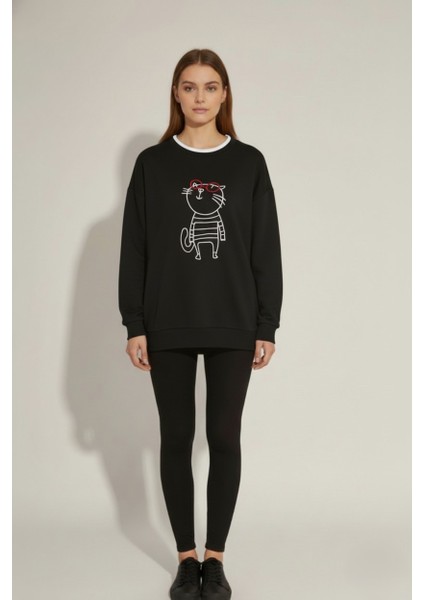 Kadın Kedi Nakışlı Sweatshirt – Rahat Kalıp 3 Iplik Şardonsuz, Siyah & Gri Melanj fiyatları