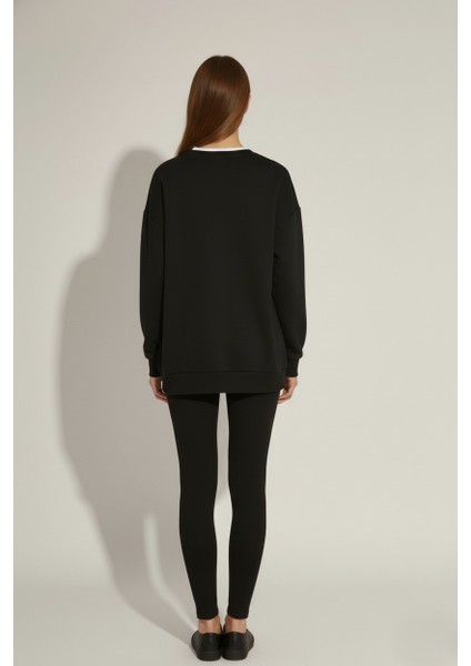 Kadın Kedi Nakışlı Sweatshirt – Rahat Kalıp 3 Iplik Şardonsuz, Siyah & Gri Melanj modelleri