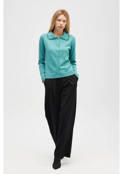 Laila, Düz Örgü, Polo Yaka, Kadın Triko Hırka - Okaliptus Yeşil