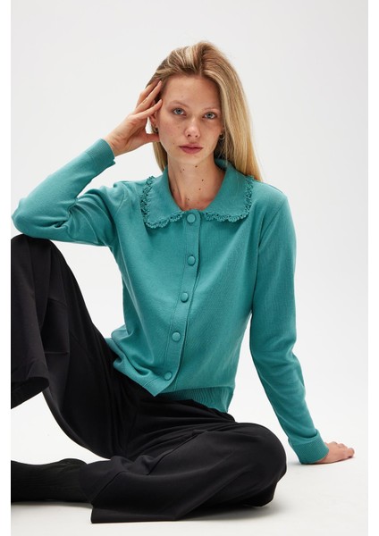 Laila, Düz Örgü, Polo Yaka, Kadın Triko Hırka - Okaliptus Yeşil fiyatları