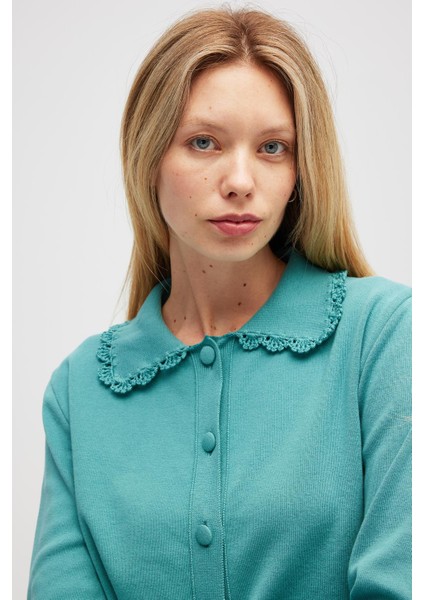 Laila, Düz Örgü, Polo Yaka, Kadın Triko Hırka - Okaliptus Yeşil modelleri