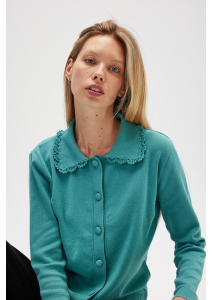Laila, Düz Örgü, Polo Yaka, Kadın Triko Hırka - Okaliptus Yeşil fırsatları