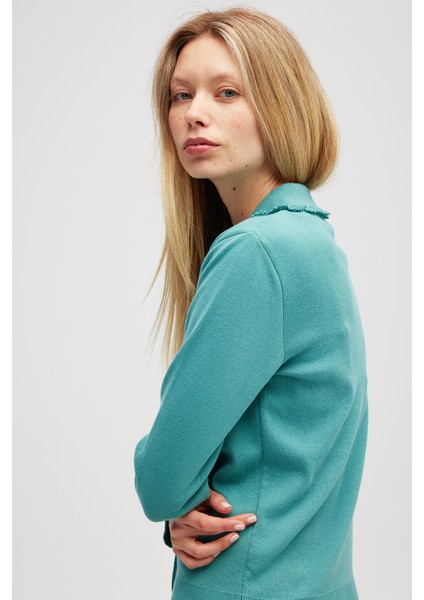 Laila, Düz Örgü, Polo Yaka, Kadın Triko Hırka - Okaliptus Yeşil