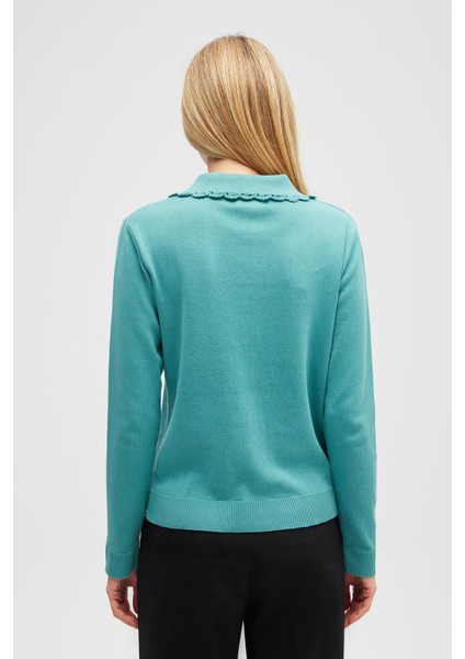 Laila, Düz Örgü, Polo Yaka, Kadın Triko Hırka - Okaliptus Yeşil
