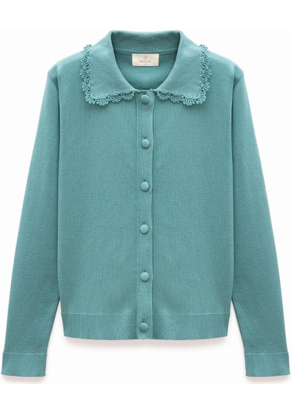 Laila, Düz Örgü, Polo Yaka, Kadın Triko Hırka - Okaliptus Yeşil