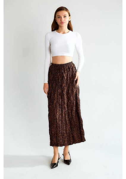 Kadın Leopar Desenli Lastikli Bel Büzgülü Saten Midi Etek Uzun Boy Şık Etek