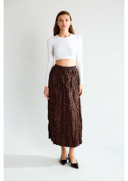 Kadın Leopar Desenli Lastikli Bel Büzgülü Saten Midi Etek Uzun Boy Şık Etek fiyatları