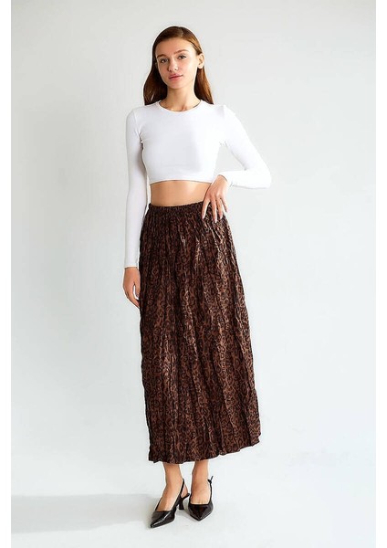 Kadın Leopar Desenli Lastikli Bel Büzgülü Saten Midi Etek Uzun Boy Şık Etek modelleri