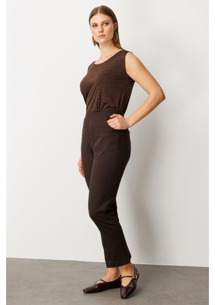 Kadın Büyük Beden Dantel Süslemeli Dar Paça Pantolon 1087 Kahverengi fiyatları