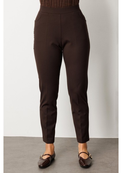 Kadın Büyük Beden Dantel Süslemeli Dar Paça Pantolon 1087 Kahverengi modelleri