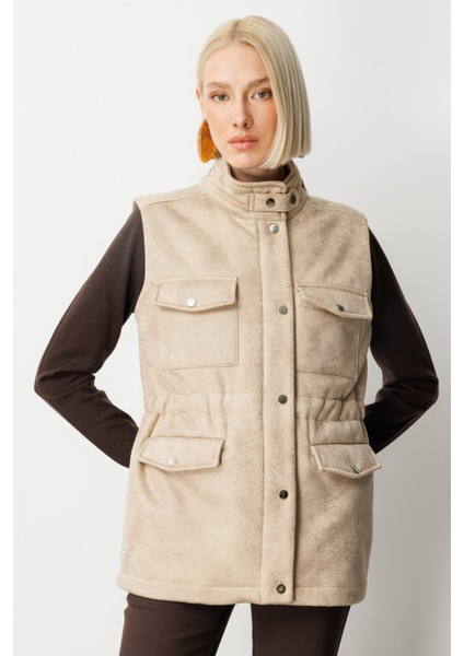 Kadın Peluş Astarlı Kapak Cepli Yelek 8503 Kum
