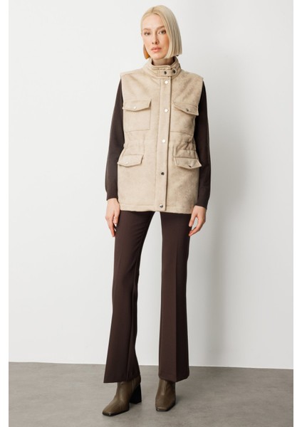 Kadın Peluş Astarlı Kapak Cepli Yelek 8503 Kum modelleri