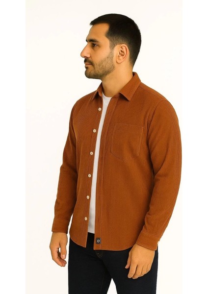 Mdb Erkek Fitilli Kadife Cepli Gömlek Oversize Rahat Kalıp Kahverengi