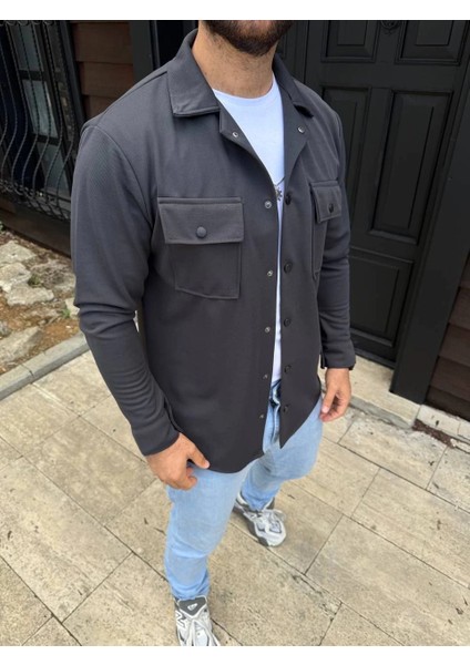 Erkek Diagonal Kumaş Cepli Çıtçıtlı Uzun Kollu, Gömlek Oversize Rahat Kalıp Günlük Şık Stil - Füme fiyatları