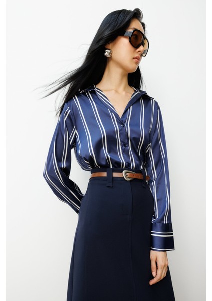 Kadın Çizgili Saten Gömlek 64300 Laci-Ekru
