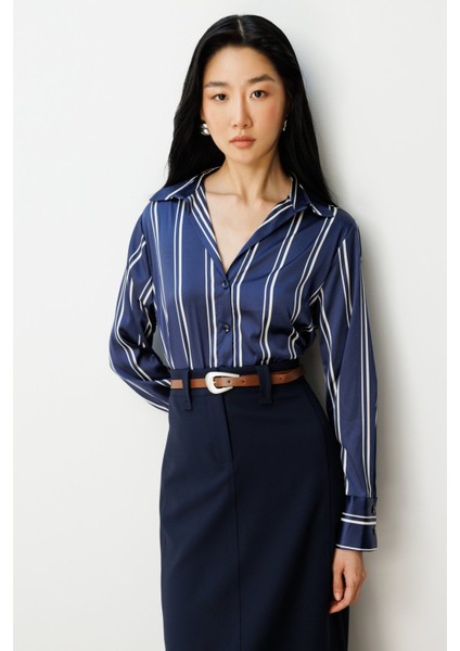 Kadın Çizgili Saten Gömlek 64300 Laci-Ekru fırsatları