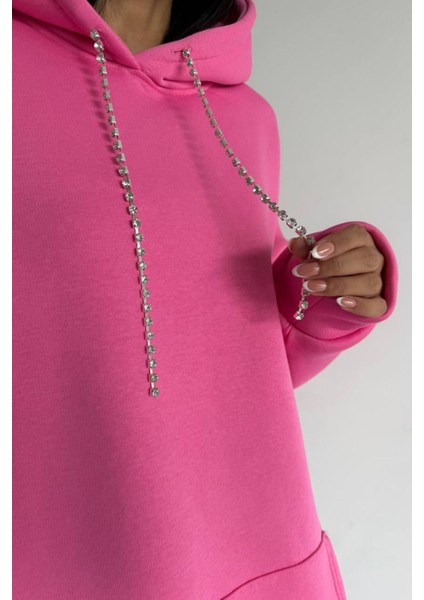 Kadın Kapüşonlu Taş Detaylı Sweatshirt Elbise