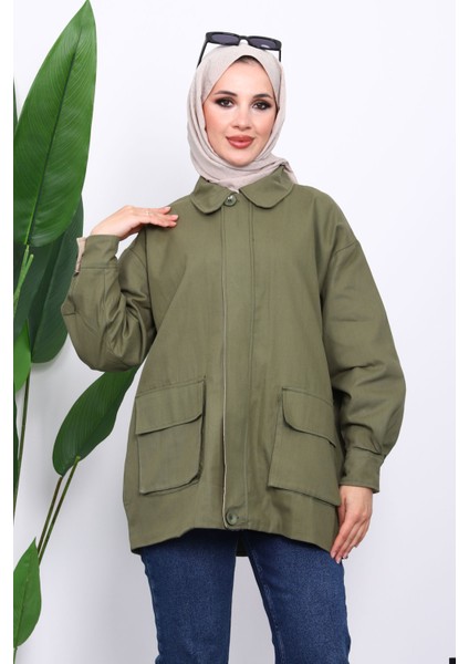 Haki Cep Detaylı Fermuarlı Gabardin Ceket