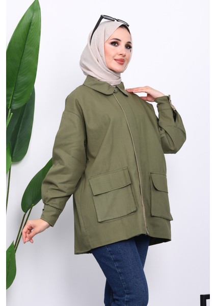 Haki Cep Detaylı Fermuarlı Gabardin Ceket modelleri